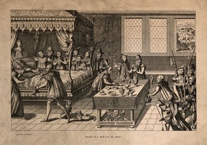 view King Henry II of France on his deathbed, with members of the royal family and the royal household in attendance. Process print after a woodcut.