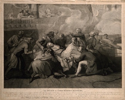 The wounding of Lord Robert Manners on the Resolution, at the battle of Dominica. Engraving by J.K. Sherwin and C. Sherwin, 1786, after T. Stothard.