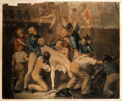 The fatal wounding of Lord Nelson on the deck of HMS Victory at the battle of Trafalgar. Colour mezzotint.