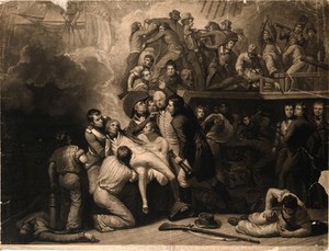 view The wounding of Lord Nelson on the deck of HMS Victory at the battle of Trafalgar. Engraving by G. Clint after S. Drummond, 1807.