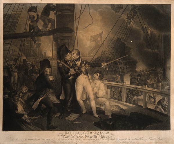 The wounding of Lord Nelson on the deck of HMS Victory at the battle of Trafalgar. Stipple engraving by R. Cooper, 1806, after W.M. Craig.