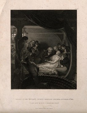 The wounding of Lord Nelson on the deck of HMS Victory at the battle of Trafalgar. Engraving by R. Golding, 1809, after B. West.