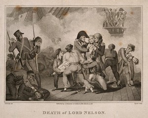 view The wounding of Lord Nelson on the deck of HMS Victory at the battle of Trafalgar. Engraving by Taylor after R. Corbould.