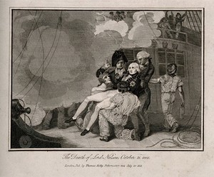 view The wounding of Lord Nelson on the deck of HMS Victory at the battle of Trafalgar. Engraving, 1813.