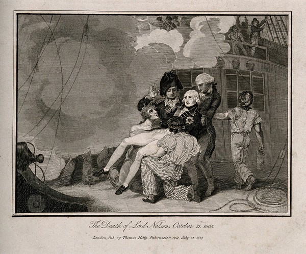 The wounding of Lord Nelson on the deck of HMS Victory at the battle of Trafalgar. Engraving, 1813.