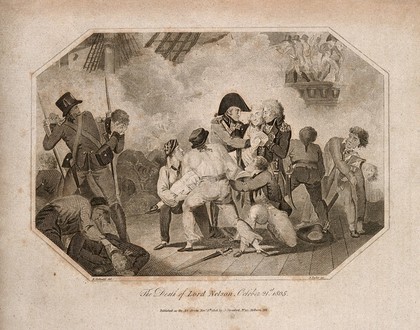 The death of Lord Nelson on the deck of HMS Victory at the battle of Trafalgar. Engraving by J. Taylor, 1806, after R. Corbould.