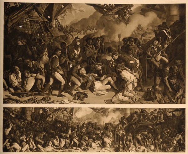 The wounding of Lord Nelson on the deck of HMS Victory at the battle of Trafalgar. Process print.