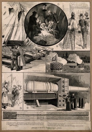 view The Royal Naval Exhibition at Chelsea: exhibits and visitors. Wood engraving by R. Taylor & Co., ca. 1900 (?).