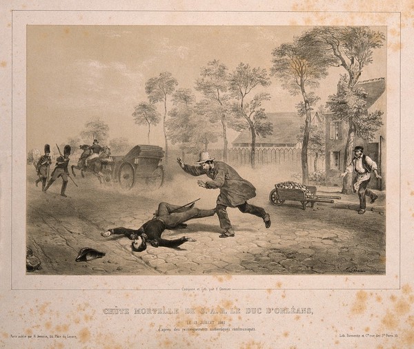 The scene of the fatal accident of the Duke of Orleans in Paris in 1842. Lithograph by F. Grenier de Saint-Martin, 1842.