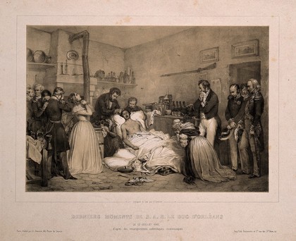 The deathbed of the Duke of Orleans in Paris in 1842. Engraving, 1842.