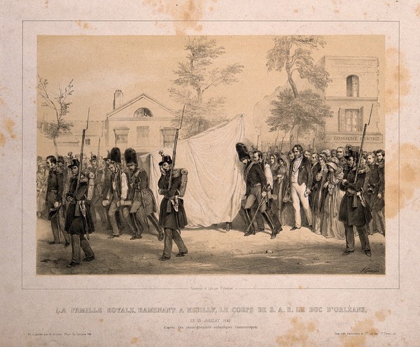 The funeral of the Duc d'Orleans at Paris. Lithograph by J. Arnout after V.J. Adam.