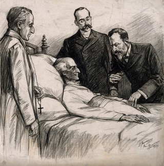 Pope Leo XIII on his deathbed. Charcoal drawing by D. MacPherson after A. Bianchini, 1903.