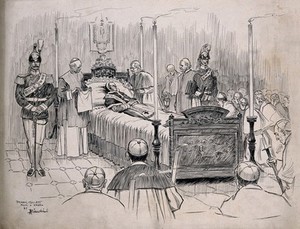 view Pope Leo XIII on his deathbed. Pen and ink drawing by F. Gillett after A. Bianchini, 1903.