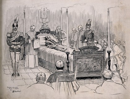 Pope Leo XIII on his deathbed. Pen and ink drawing by F. Gillett after A. Bianchini, 1903.