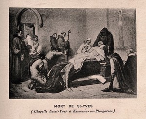 view The deathbed of Saint Ivo of Kermartin. Process print after G. Mailand (?), 1837.