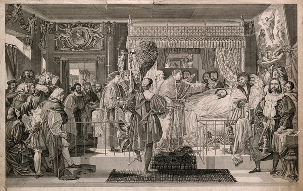 The deathbed of Raphael Sanzio: Pope Leo X scatters flowers on his dead body. Engraving by Pauquet after P.-N. Bergeret.