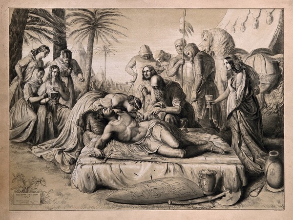 King Edward I of England, wounded in the arm during a Crusade, has the poison sucked from the wound by Queen Eleanor. Lithograph by J. Linnell, 1845, after J. Severn.