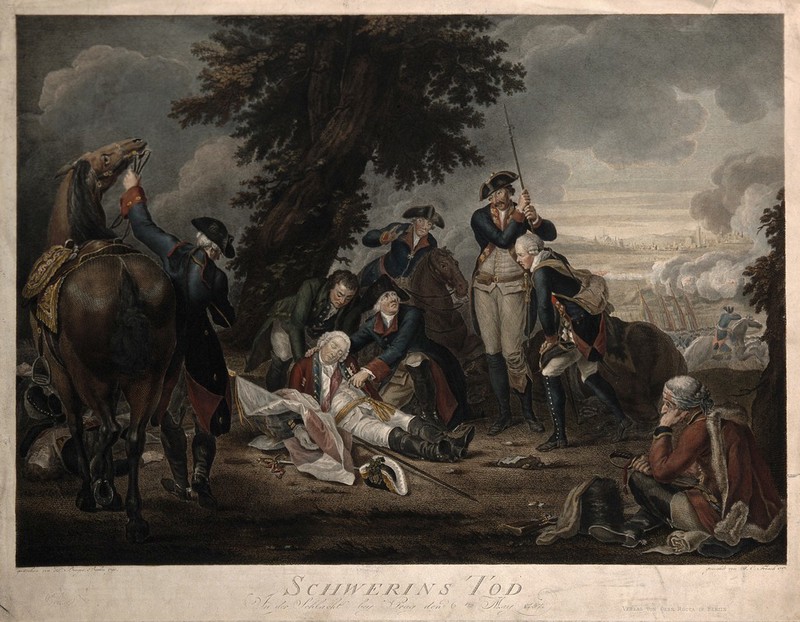 The death of General von Schwerin, all around are soldiers. Coloured engraving by D. Berger, 1790, after J.C. Frisch., 1790, by Johann Christoph Frisch