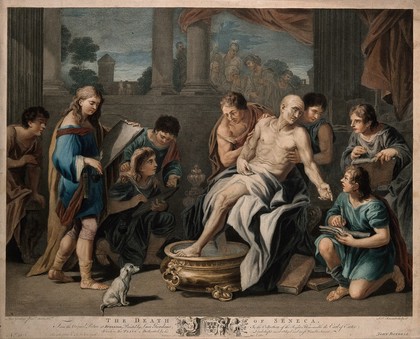 Seneca preparing his own death with his foot in a bath. Coloured engraving by S.F. Ravenet after R. Earlom after Luca Giordano.