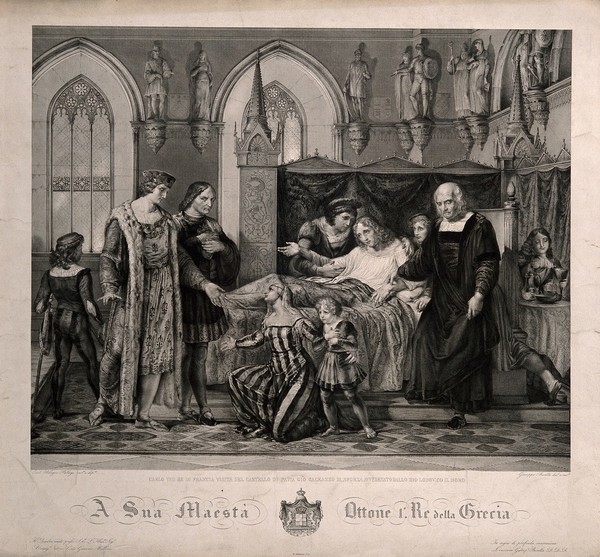King Charles VIII of France visiting the deathbed of Gian Galeazzo Sforza at the Palazzo Ducale, Pavia, 1494. Engraving by G. Beretta after P. Palagi.