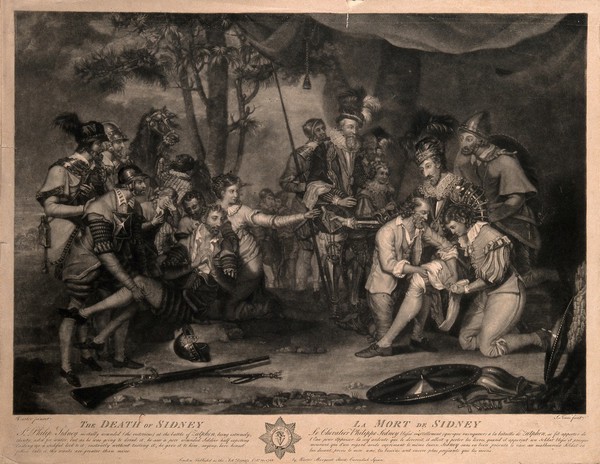 The death of Sir Philip Sidney at the battle of Zutphen: he passes a water-flask to a fellow soldier. Mezzotint by J. Jones after G. Carter, 1782.