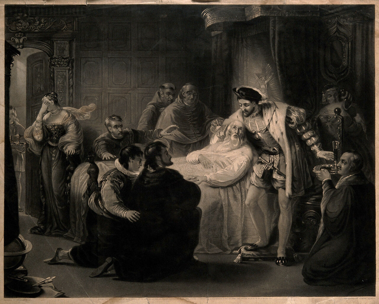 Leonardo da Vinci on his deathbed, at Cloux in 1519, with François I and members of the royal household in attendance. Mezzotint by J. Scott, 1845, after W. Fisk., Sep.r 1 1845, by William Fisk