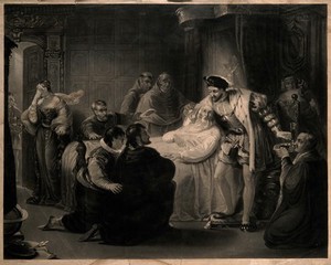 view Leonardo da Vinci on his deathbed, at Cloux in 1519, with François I and members of the royal household in attendance. Mezzotint by J. Scott, 1845, after W. Fisk.