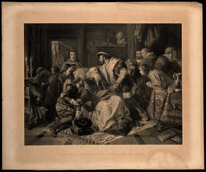 view Leonardo da Vinci on his deathbed, at Cloux in 1519, with François I and members of the royal household in attendance. Engraving by Ch. Preisel after J. Schrader.