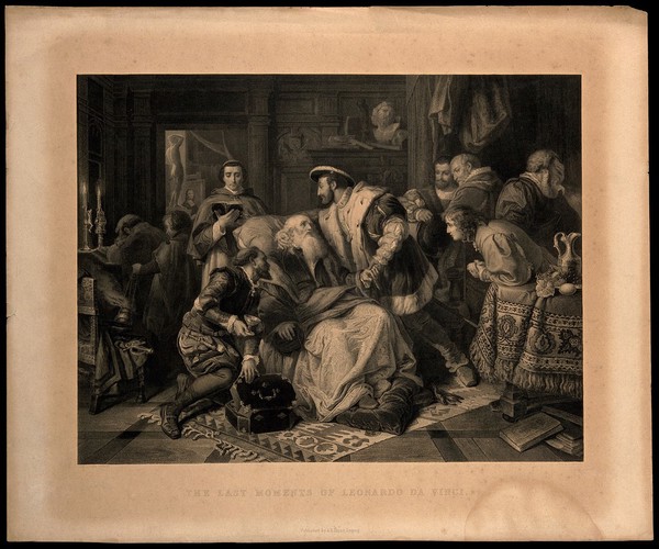 Leonardo da Vinci on his deathbed, at Cloux in 1519, with François I and members of the royal household in attendance. Engraving by Ch. Preisel after J. Schrader.