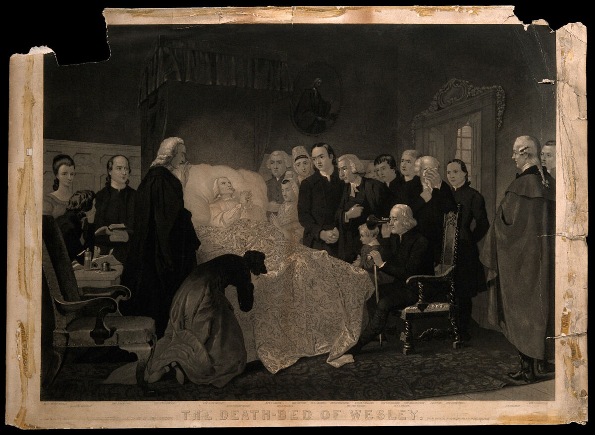 The death of John Wesley. Mezzotint by J. Sartain after M. Claxton., 1800-1899, by Marshall Claxton