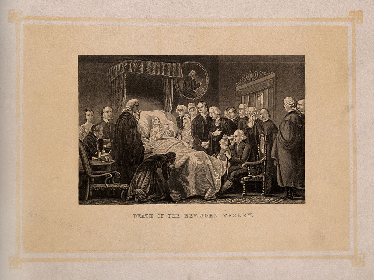 The death-bed of John Wesley, 1791. Process print after J. Sartain after M. Claxton., by Marshall Claxton