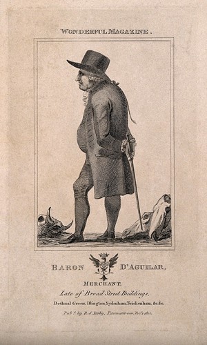 view Baron D'Aguilar, eccentric merchant farmer. Line engraving, 1803.