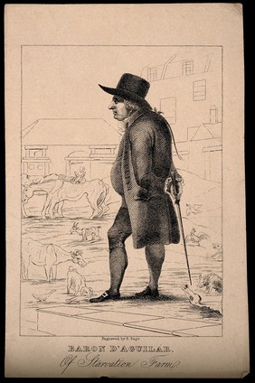 Baron D'Aguilar, an eccentric merchant farmer with animals and farm buildings in background. Stipple engraving by R. Page.