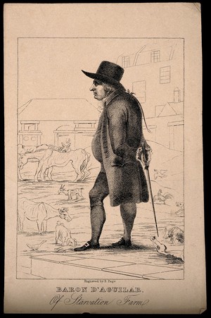 view Baron D'Aguilar, an eccentric merchant farmer with animals and farm buildings in background. Stipple engraving by R. Page.