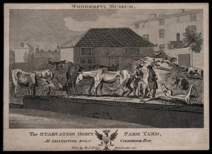 view The eccentric Baron D'Aguilar and friend amidst his starving livestock. Line engraving, 1803.