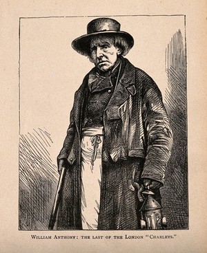 view William Anthony, the last of the London night watchmen. Reproduction of wood engraving.