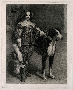 view Don Antonio, a dwarf to Philip IV. Etching by B. Maura y Montaner, 1877, after D. Velazquez.