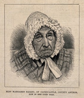 Miss Margaret Bailey, aged 111. Reproduction of a wood engraving.