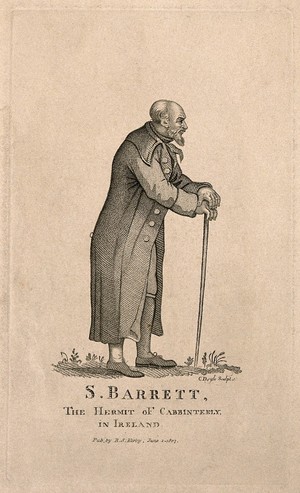 view S. Barrett, a hermit. Stipple engraving by C. Doyle, 1807.