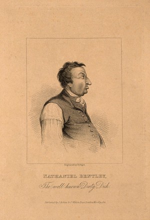 view Nathaniel Bentley, an eccentric. Stipple engraving by R. Page, 1821.