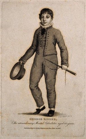 view George Bidder, a mental calculator, aged twelve. Line engraving by S. Springsguth, 1818.