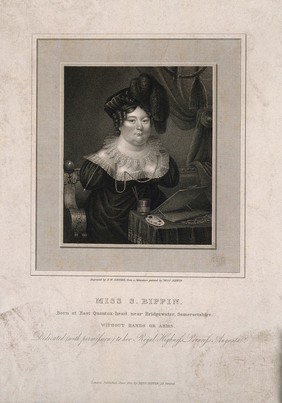 Sarah Biffin, a limbless painter. Engraving by R.W. Sievier, 1821, after Sarah Biffin.