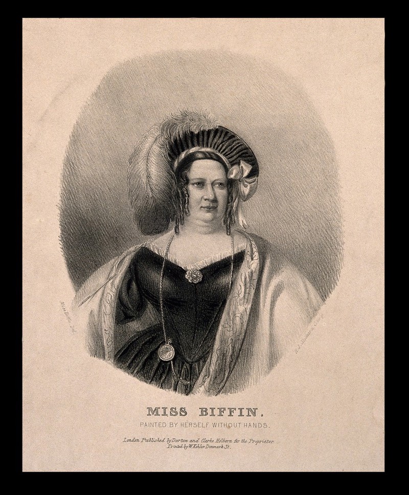 Sarah Biffin, a limbless artist. Lithograph by R. T. Stothard after S. Biffin., by Sarah Biffen