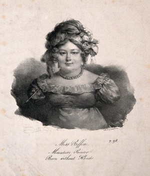 view Sarah Biffin, a limbless artist. Lithograph by H. Grévedon after S. Biffin.