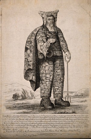 view John Bigg, an eccentric hermit. Etching attributed to R. Livesay, 1787.