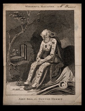 view John Bigg, an eccentric hermit. Line engraving by Wilkes.