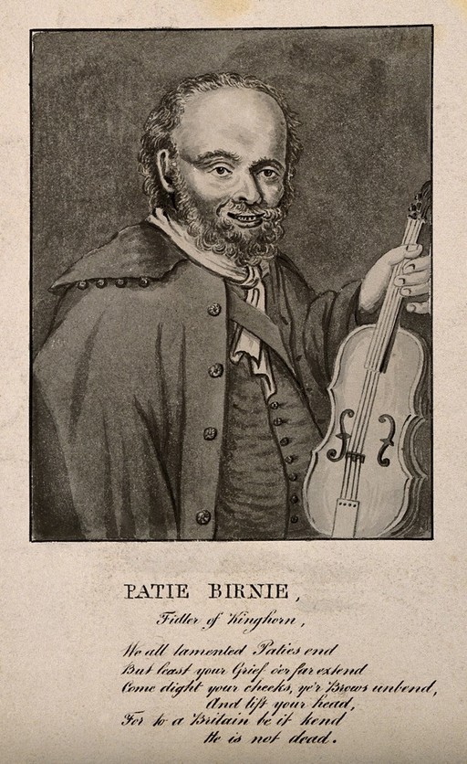 Patie Birnie, a fiddler. Wash drawing.