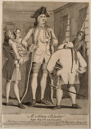 view Henry Blacker, a giant. Line engraving, 1751.