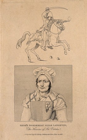 Renée Bordereau, a female soldier. Line engraving by S. Springsguth, 1818.