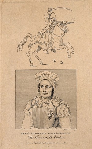 view Renée Bordereau, a female soldier. Line engraving by S. Springsguth, 1818.